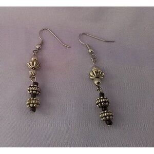 Vintage Drop Dangle Earrings With Beaded Accents Black & Silver Tone